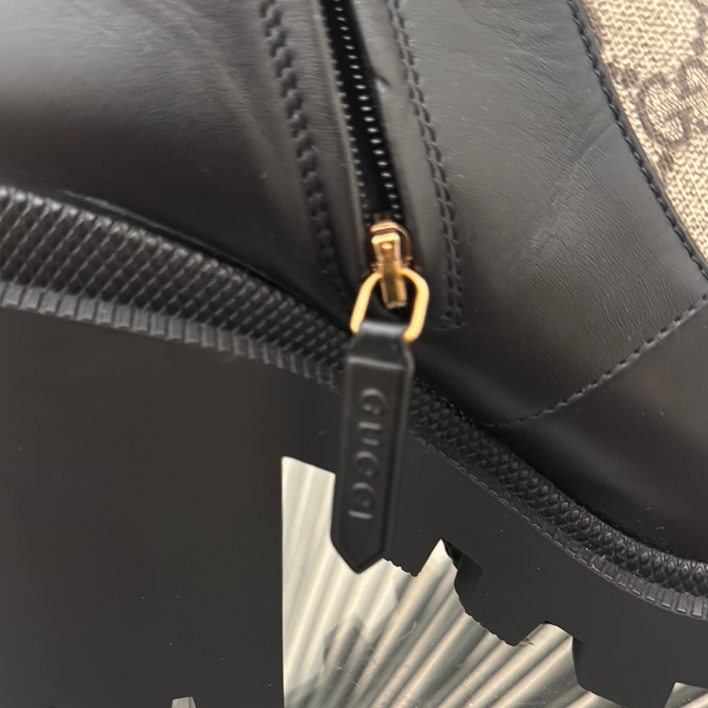 NEW AUTH Gucci Monogram Heeled Boots with Gold Buckles 37.5 - Picture 5 of 12